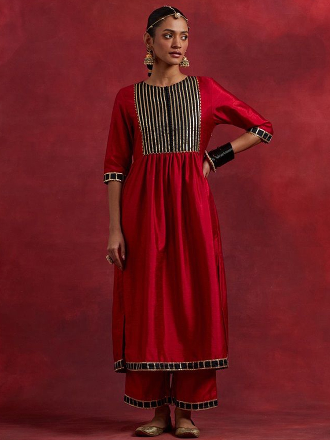 

THE INDIAN CAUSE Women Yoke Design Gotta Patti Kurta With Palazzos & Dupatta, Red