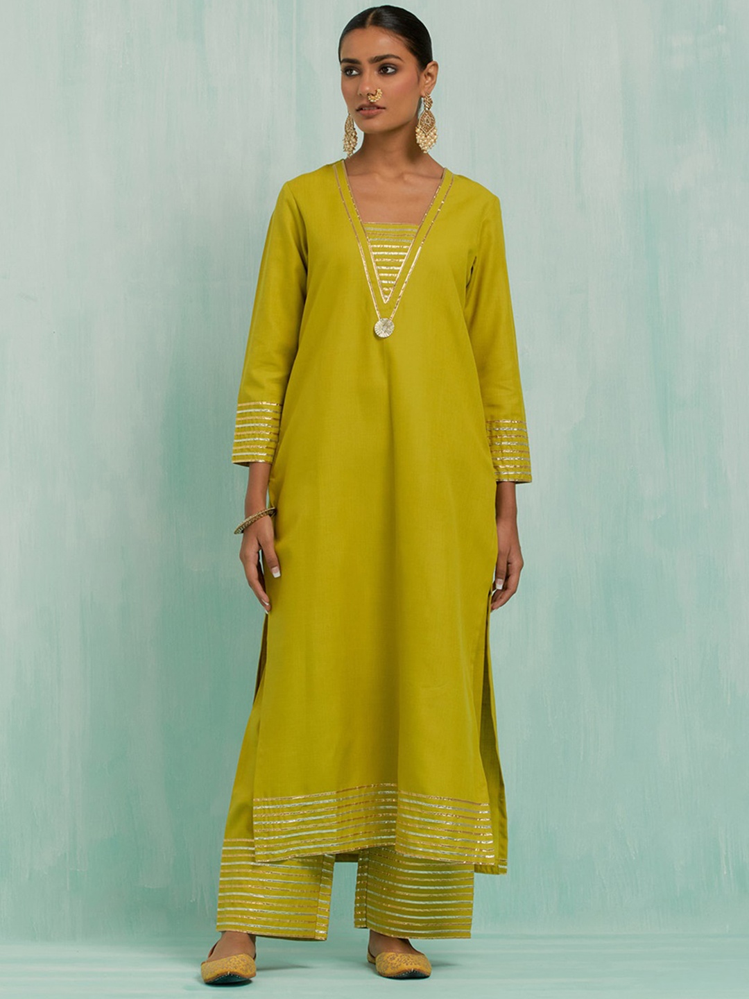 

THE INDIAN CAUSE Women Gotta Patti Pure Cotton Kurta with Palazzos & With Dupatta, Green