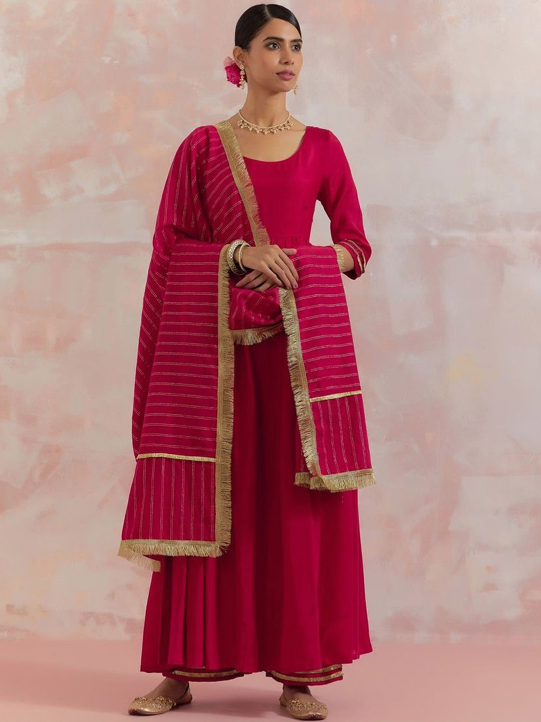 

THE INDIAN CAUSE Women Solid Gotta Patti Kurta with Palazzos & Dupatta, Red