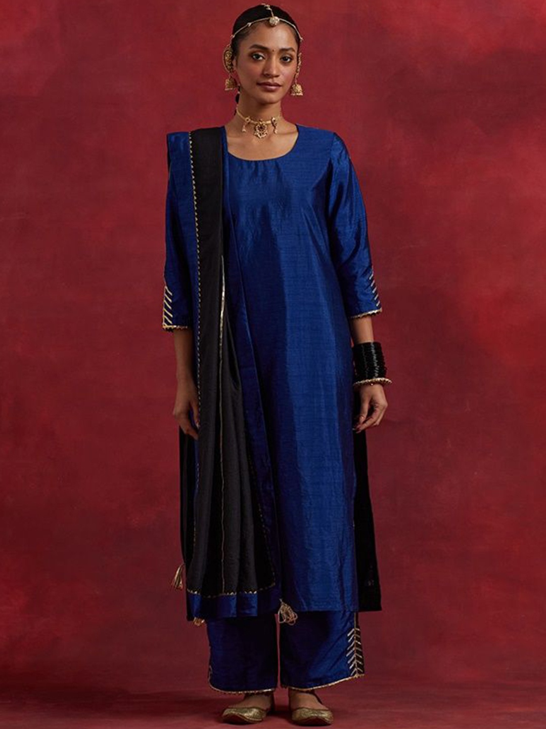 

THE INDIAN CAUSE Women Solid Gotta Patti Raw Silk Kurta with Palazzos & With Dupatta, Blue