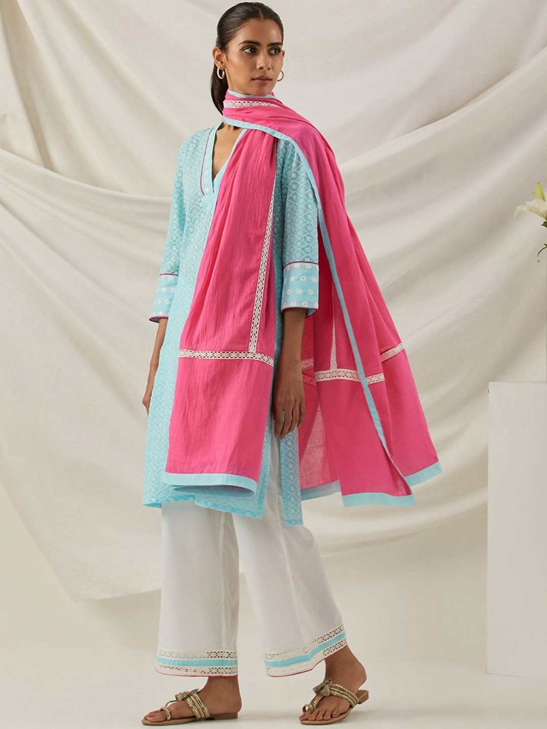 

THE INDIAN CAUSE Women Ethnic Motifs Embroidered Pure Cotton Kurta with Palazzos & Dupata, Blue