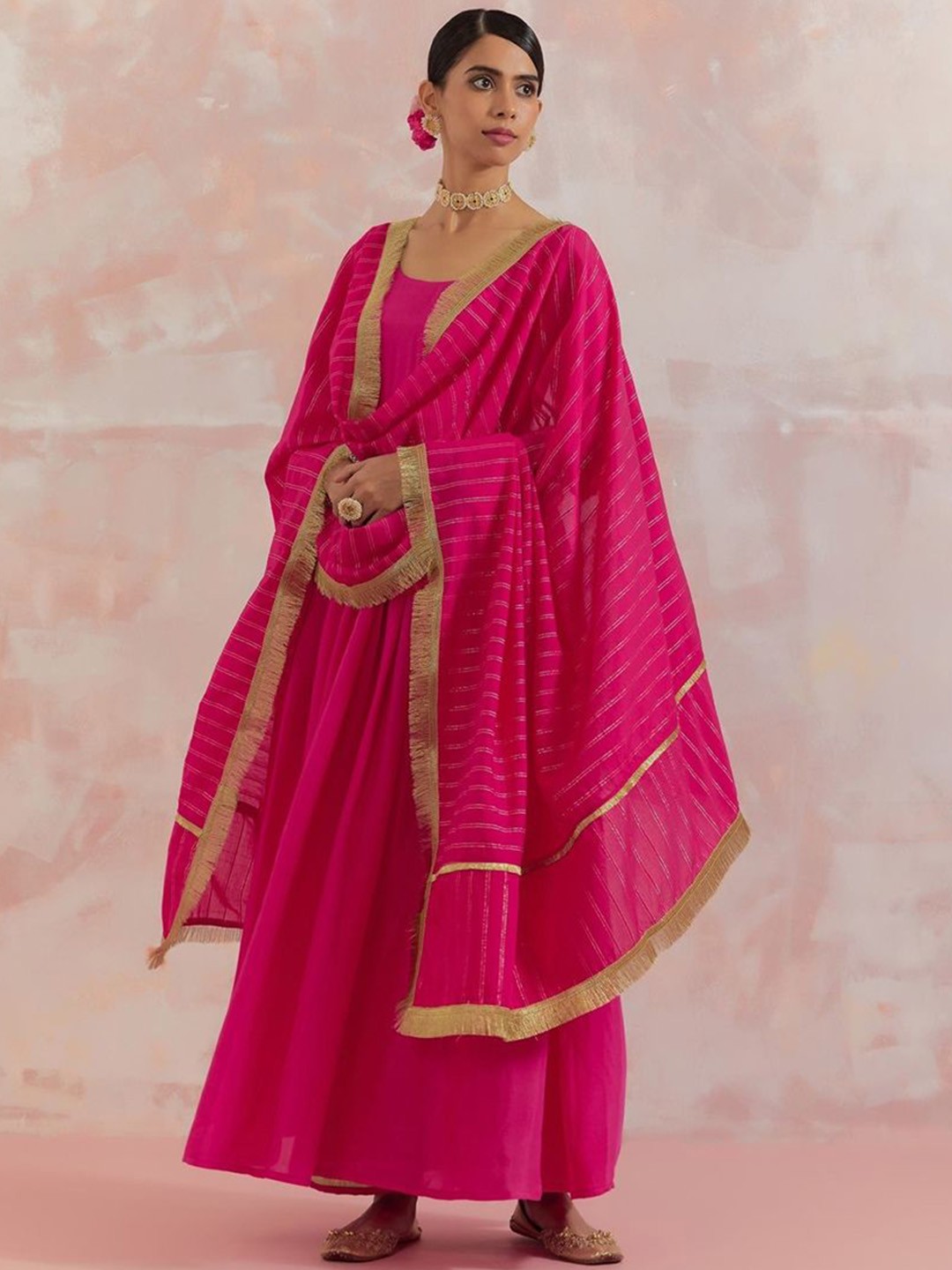

THE INDIAN CAUSE Women Regular Gotta Patti Anarkali Kurta with Palazzos & With Dupatta, Pink