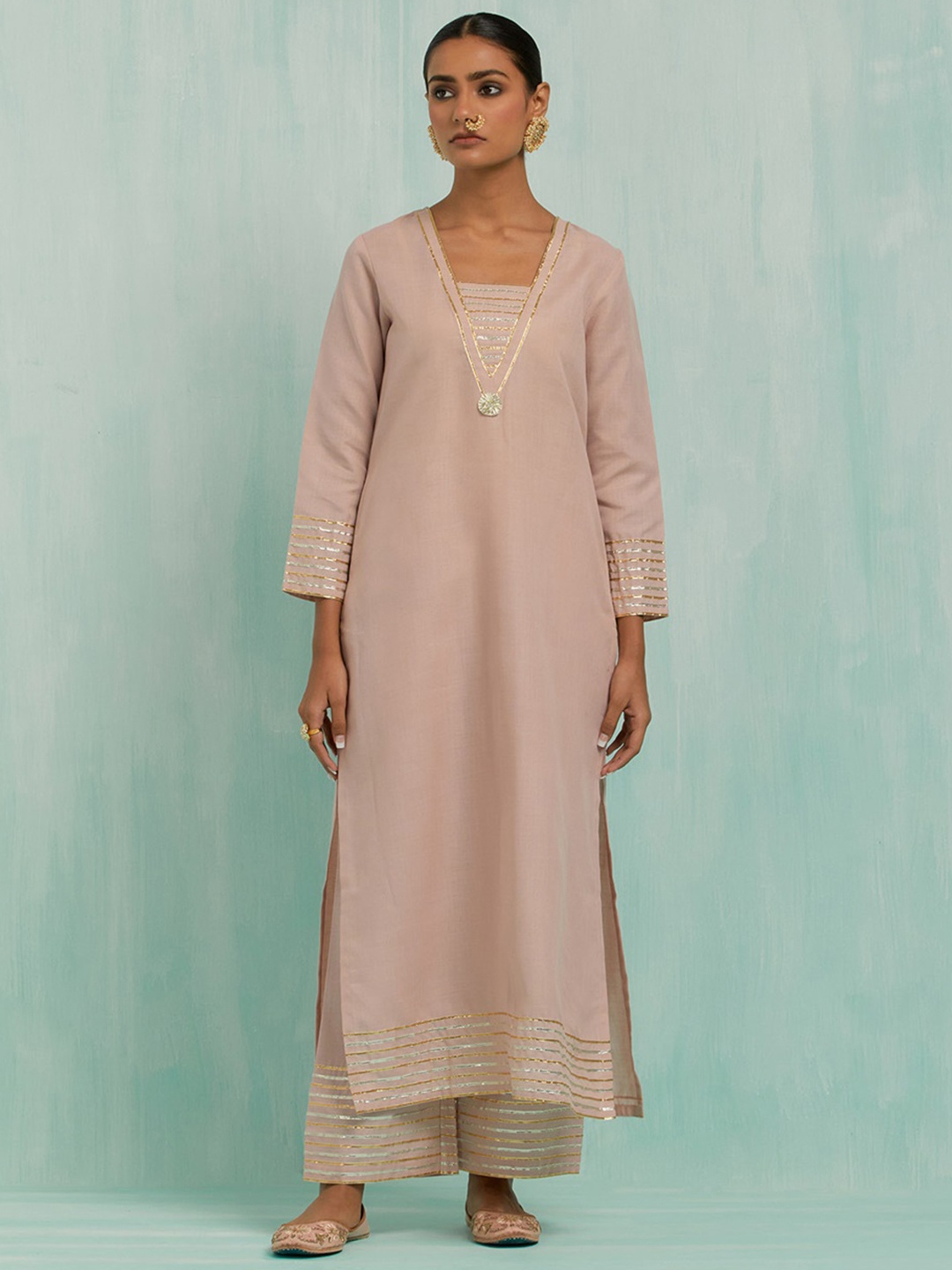 

THE INDIAN CAUSE Women Regular Gotta Patti Pure Cotton Kurta with Palazzos & With Dupatta, Pink