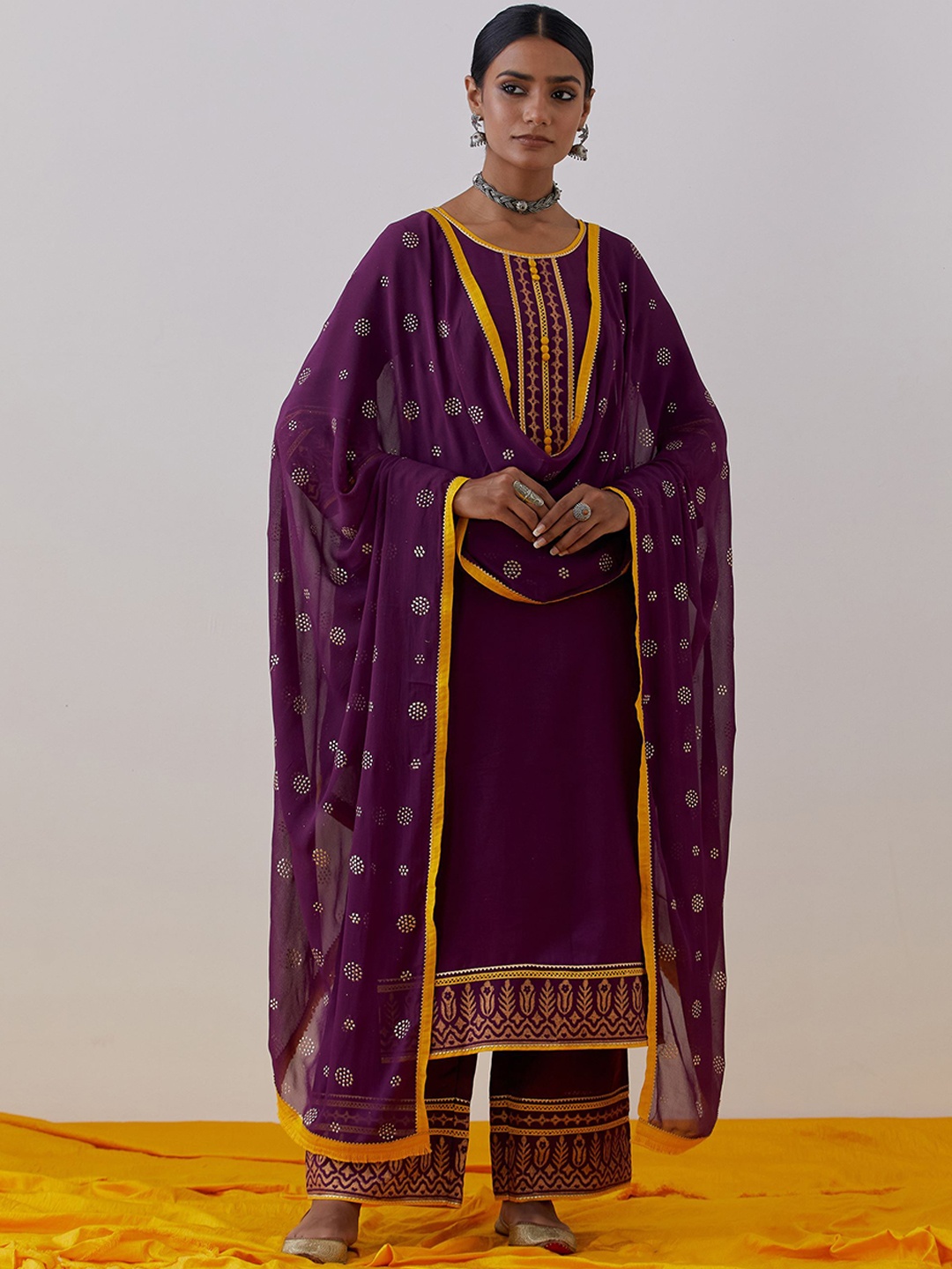

THE INDIAN CAUSE Women Ethnic Motifs Yoke Design Regular Pure Cotton Kurta with Palazzos, Purple
