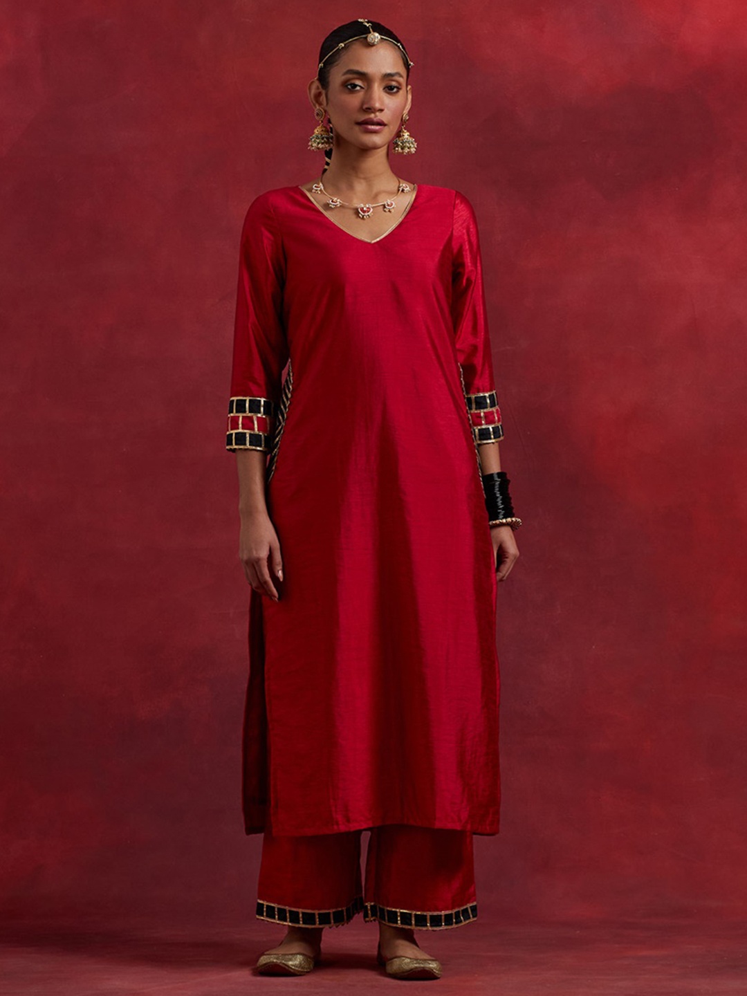 

THE INDIAN CAUSE Women Solid Gotta Patti Raw Silk Kurta with Palazzos & With Dupatta, Red