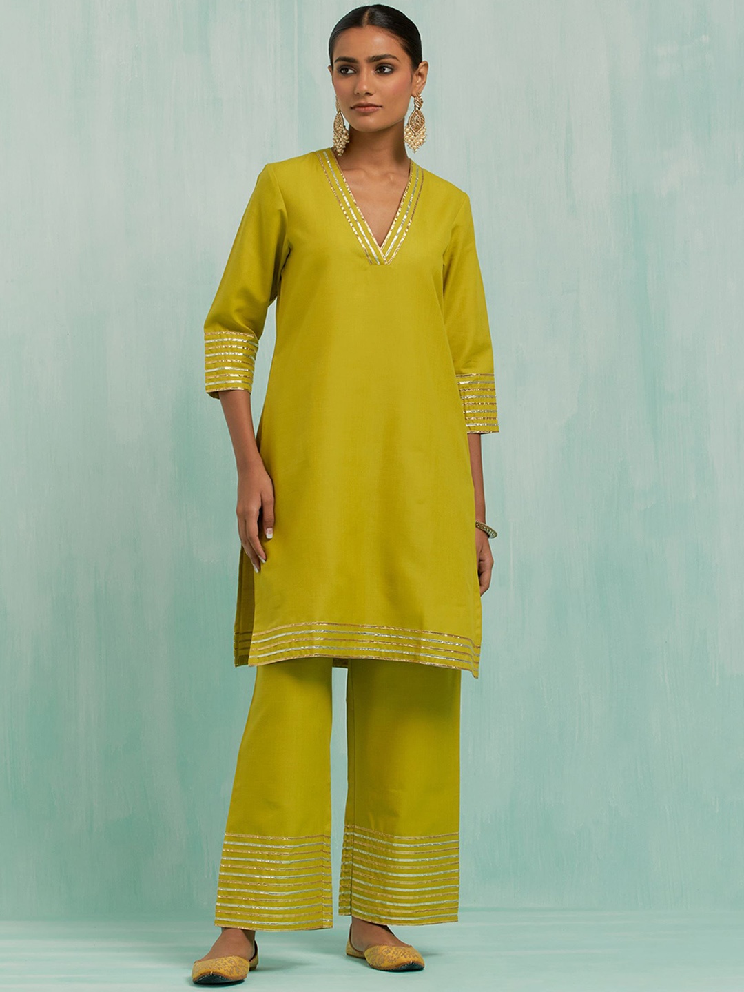 

THE INDIAN CAUSE Women Gotta Patti Pure Cotton Kurta With Palazzos & Dupatta, Green