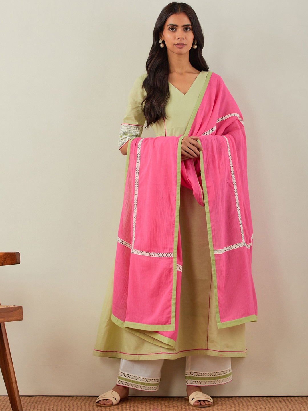 

THE INDIAN CAUSE Women Regular Thread Work Pure Cotton Kurta with Palazzos & With Dupatta, Green