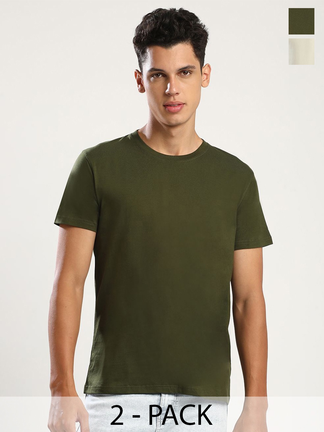 

THE DAILY OUTFITS Men Pack of 2 Round Neck Pure Cotton T-shirts, Olive