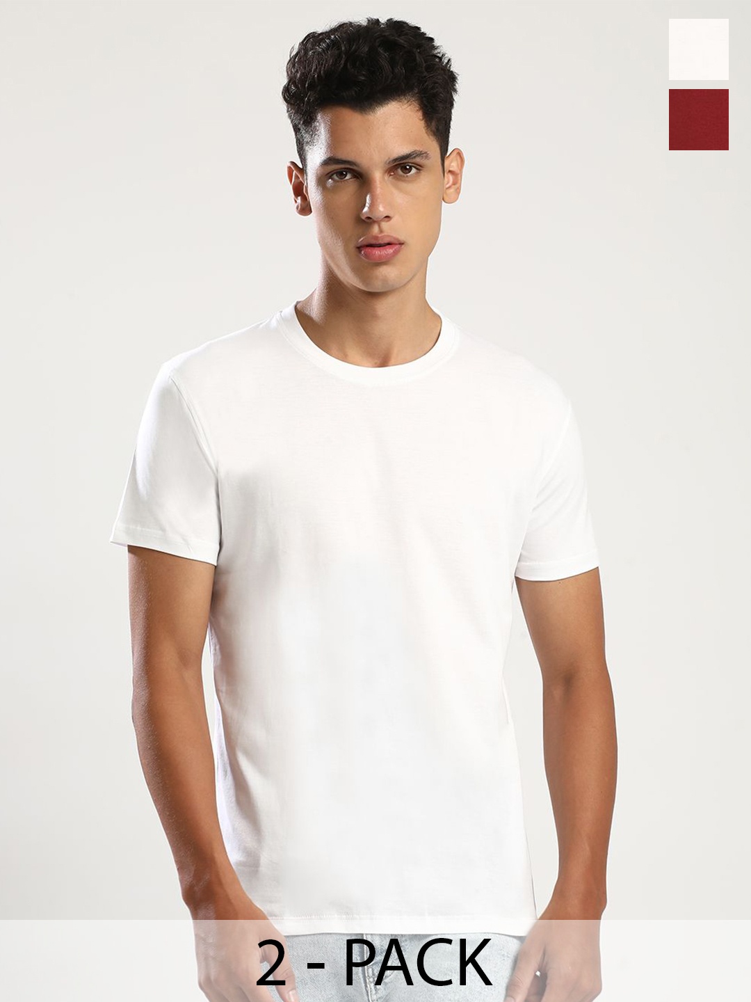 

THE DAILY OUTFITS Men Pack Of 2 Round Neck Pure Cotton T-shirt, White