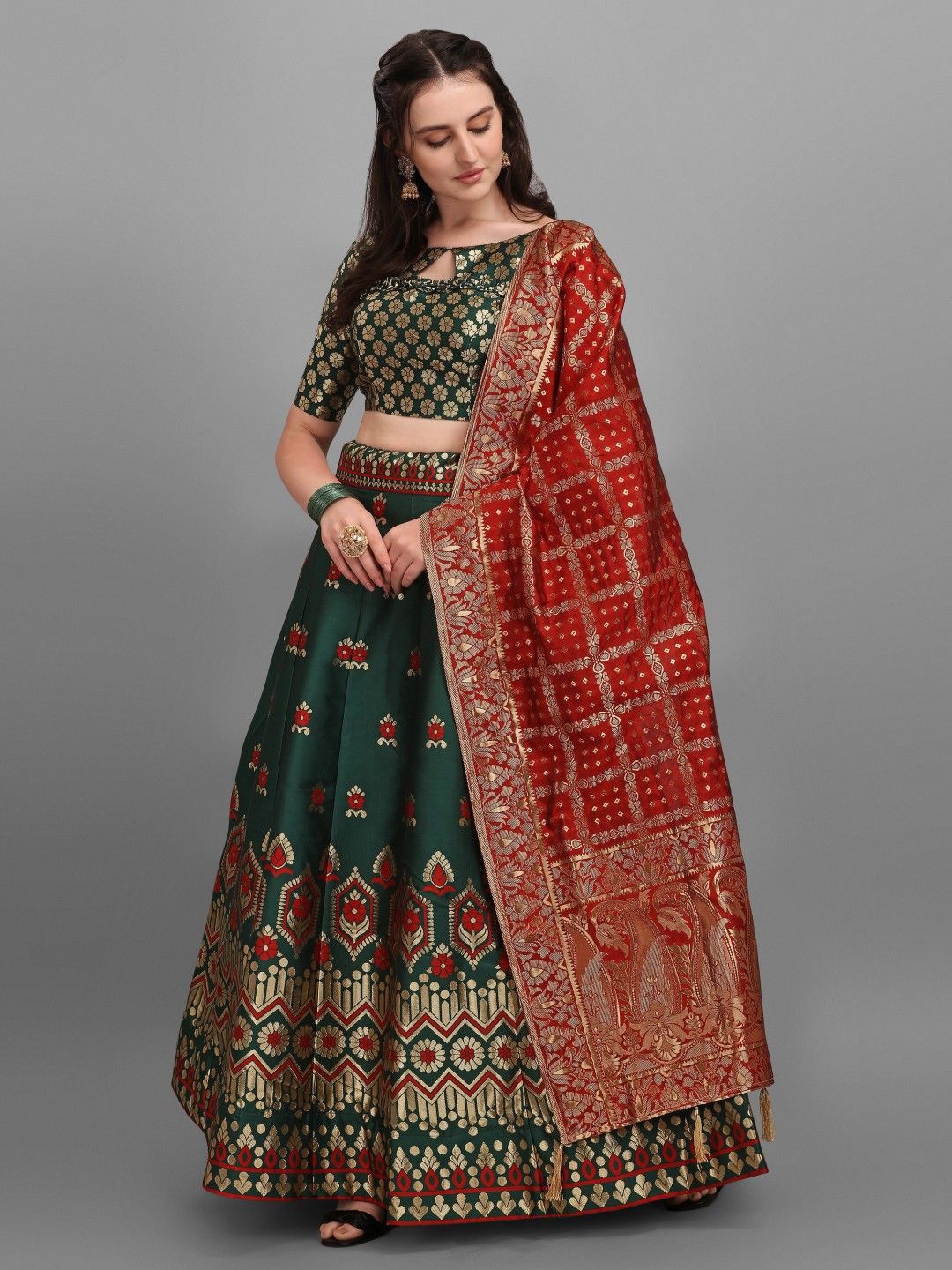 

LeeliPeeri Designer Foil Print Semi-Stitched Lehenga & Unstitched Blouse With Dupatta, Green