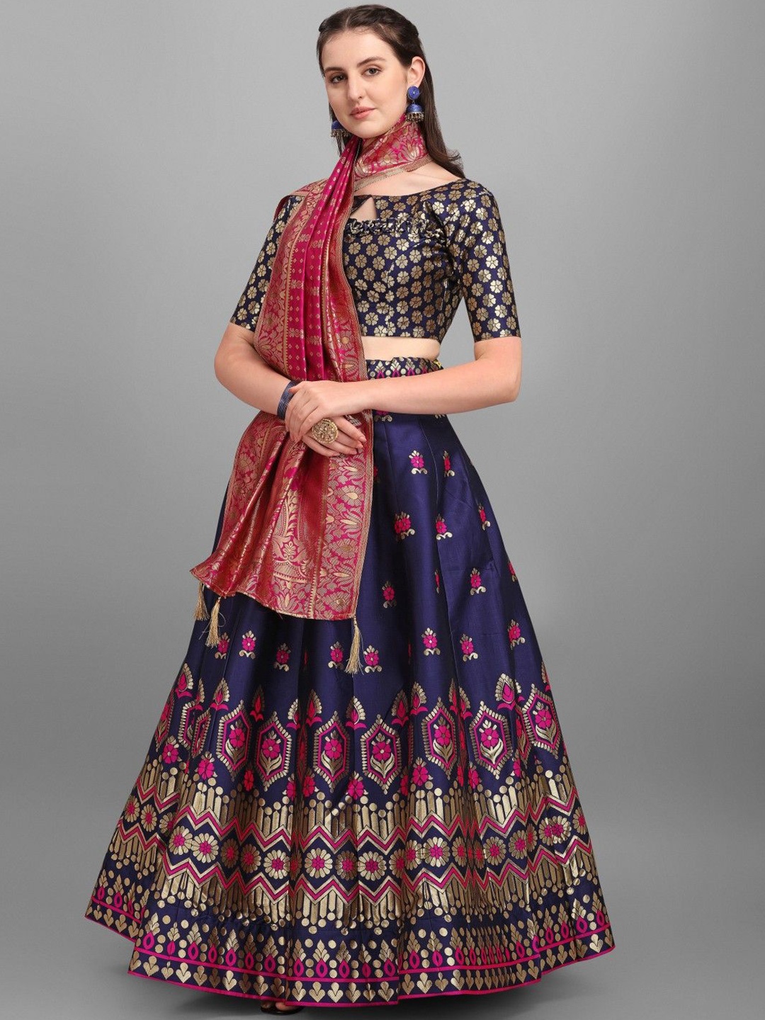 

LeeliPeeri Designer Foil Print Semi-Stitched Lehenga & Unstitched Blouse With Dupatta, Blue