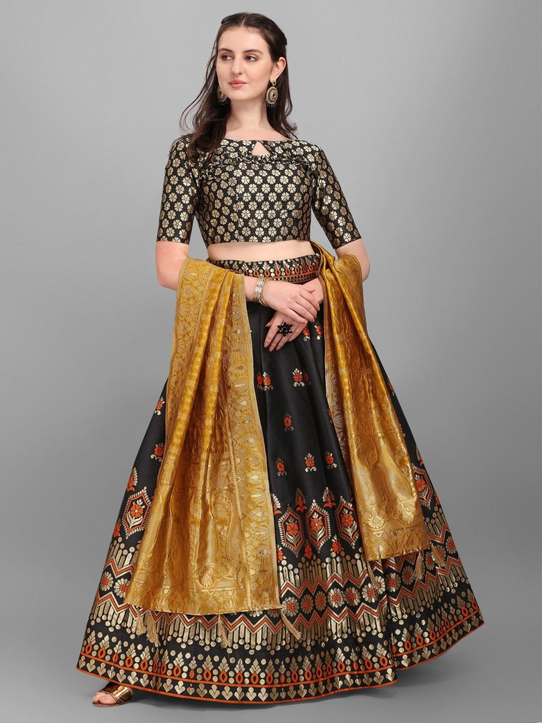 

LeeliPeeri Designer Foil Print Semi-Stitched Lehenga & Unstitched Blouse With Dupatta, Black