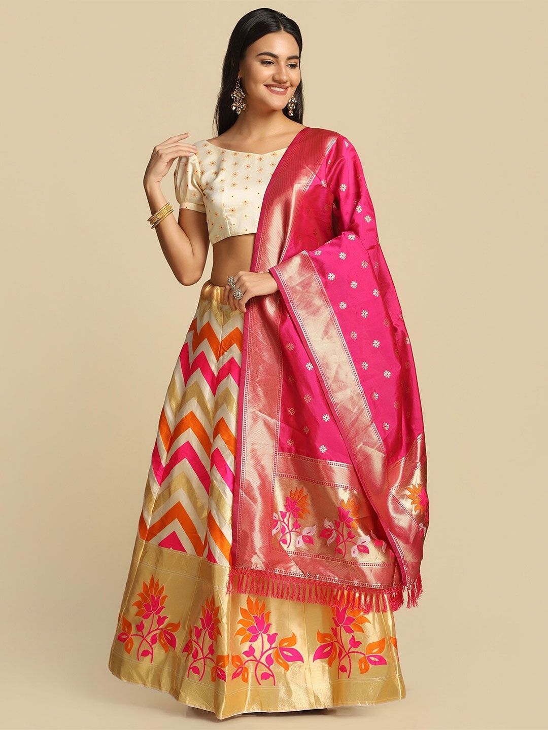 

LeeliPeeri Designer Women Printed Semi-Stitched Lehenga & Unstitched Blouse With Dupatta, Beige