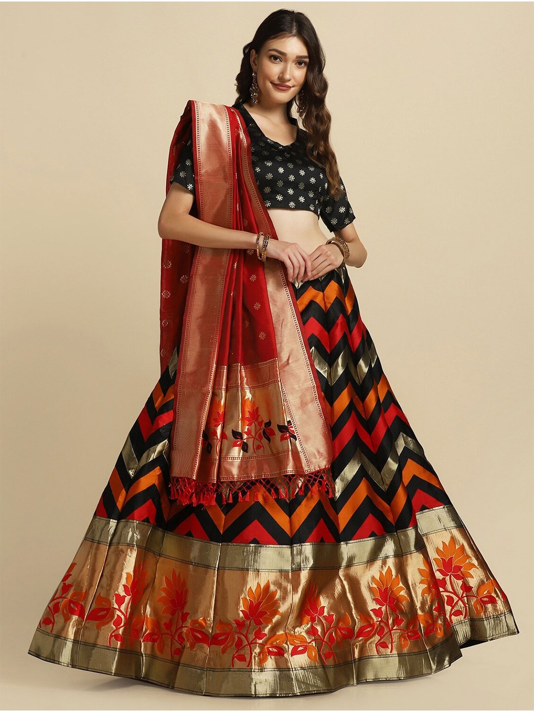 

LeeliPeeri Designer Foil Print Semi-Stitched Lehenga & Unstitched Blouse With Dupatta, Black