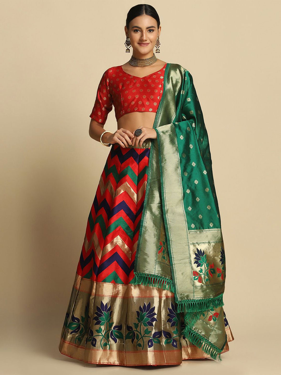 

LeeliPeeri Designer Foil Print Semi-Stitched Lehenga & Unstitched Blouse With Dupatta, Red