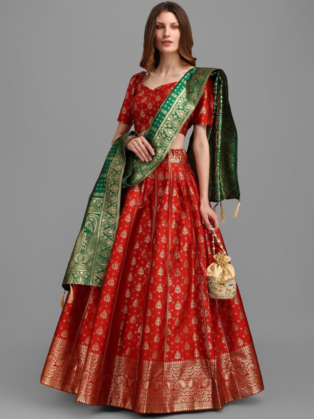 

LeeliPeeri Designer Foil Print Semi-Stitched Lehenga & Unstitched Blouse With Dupatta, Red