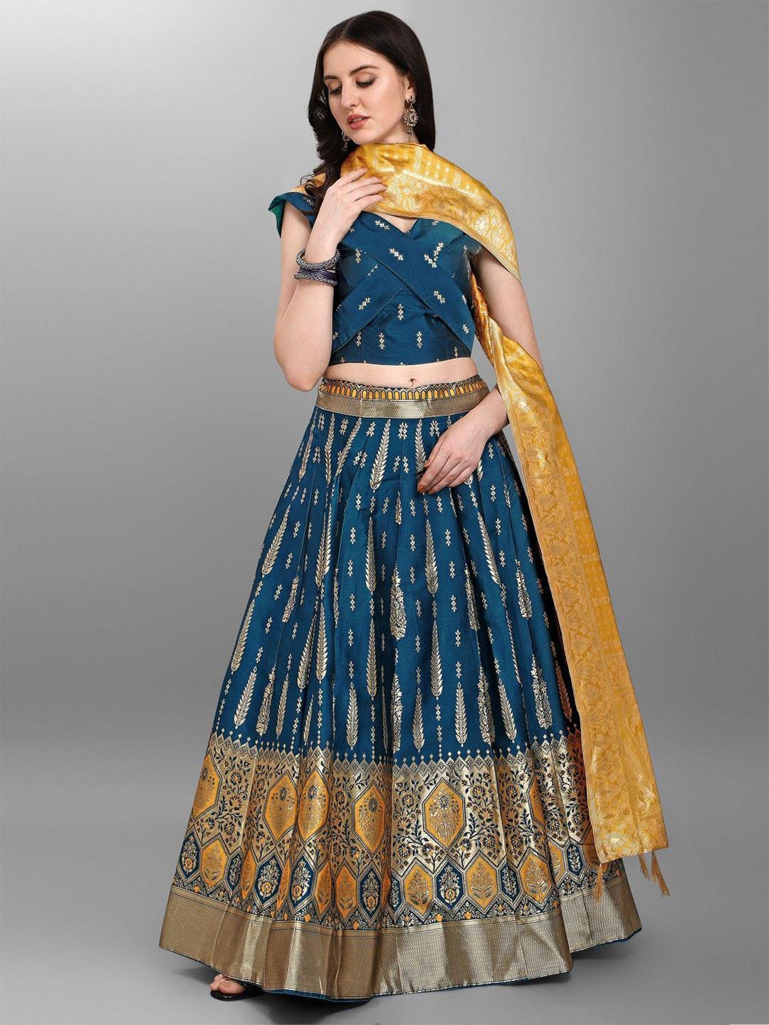

LeeliPeeri Designer Foil Print Semi-Stitched Lehenga & Unstitched Blouse With Dupatta, Teal