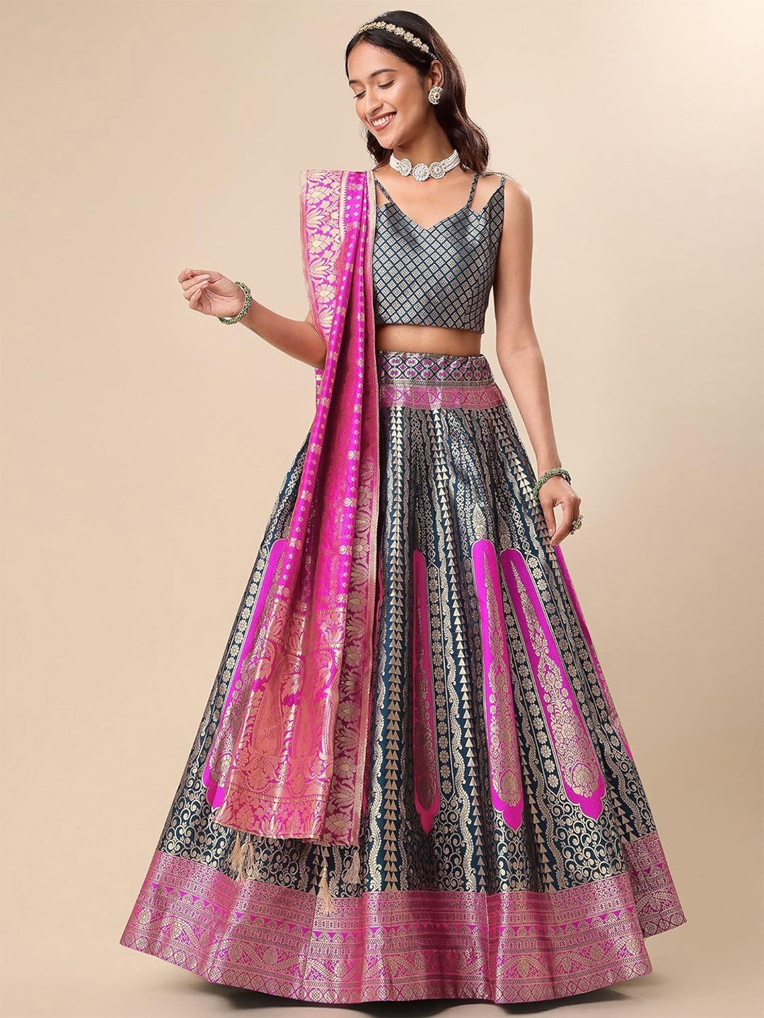 

LeeliPeeri Designer Foil Print Semi-Stitched Lehenga & Unstitched Blouse With Dupatta, Teal