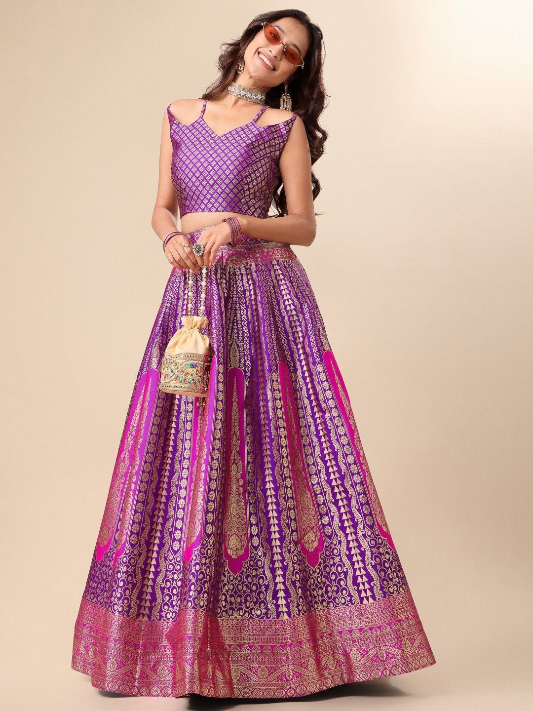 

LeeliPeeri Designer Foil Print Semi-Stitched Lehenga & Unstitched Blouse With Dupatta, Purple