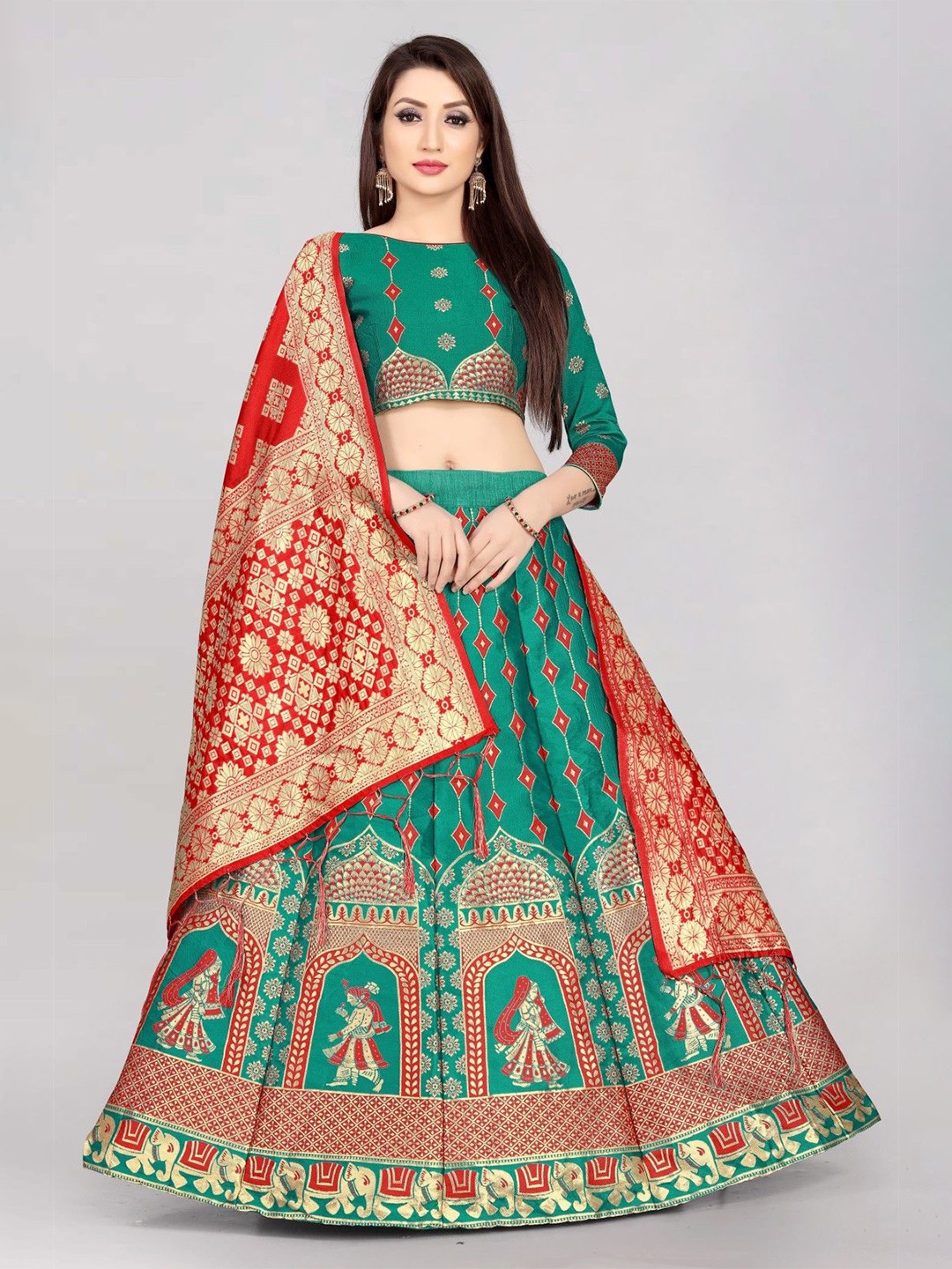 

LeeliPeeri Designer Woven Design Semi-Stitched Lehenga & Unstitched Blouse With Dupatta, Teal