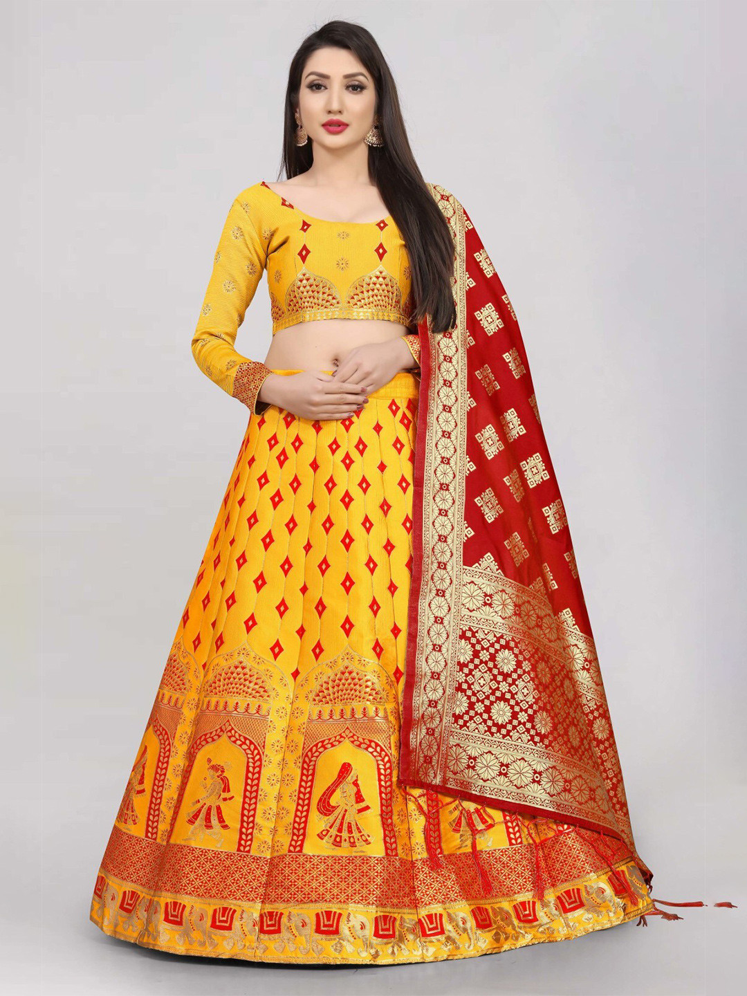 

LeeliPeeri Designer Women Printed Semi-Stitched Lehenga & Unstitched Blouse With Dupatta, Yellow