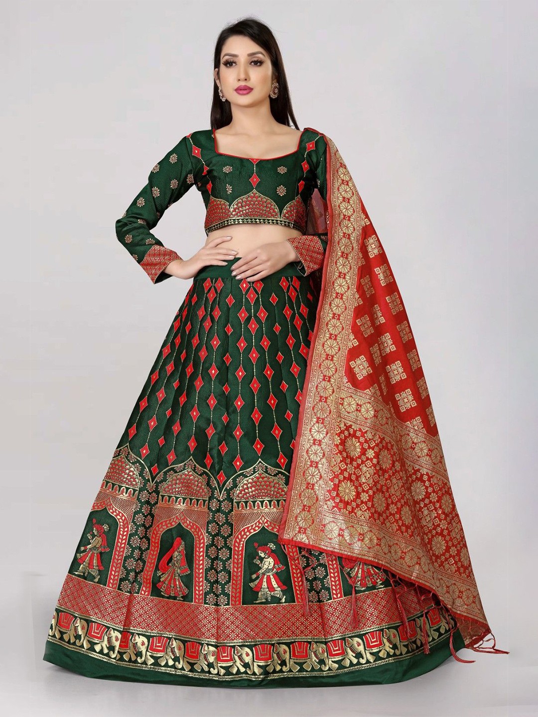 

LeeliPeeri Designer Woven Design Semi-Stitched Lehenga & Unstitched Blouse With Dupatta, Green