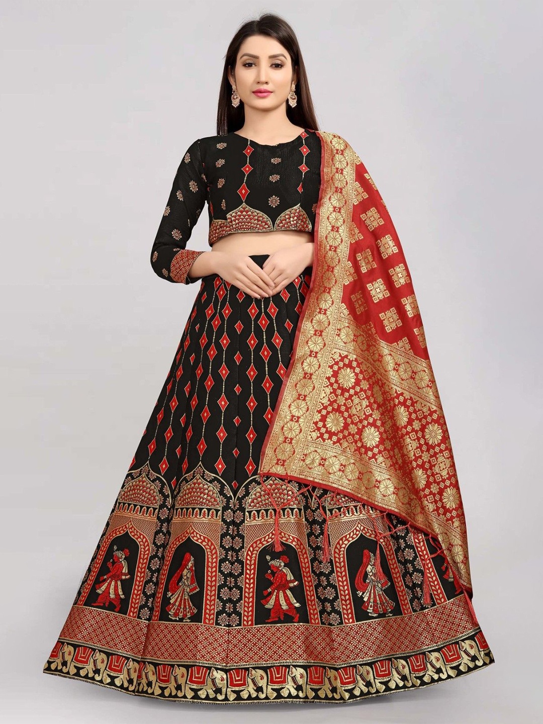 

LeeliPeeri Designer Women Printed Semi-Stitched Lehenga & Unstitched Blouse With Dupatta, Black