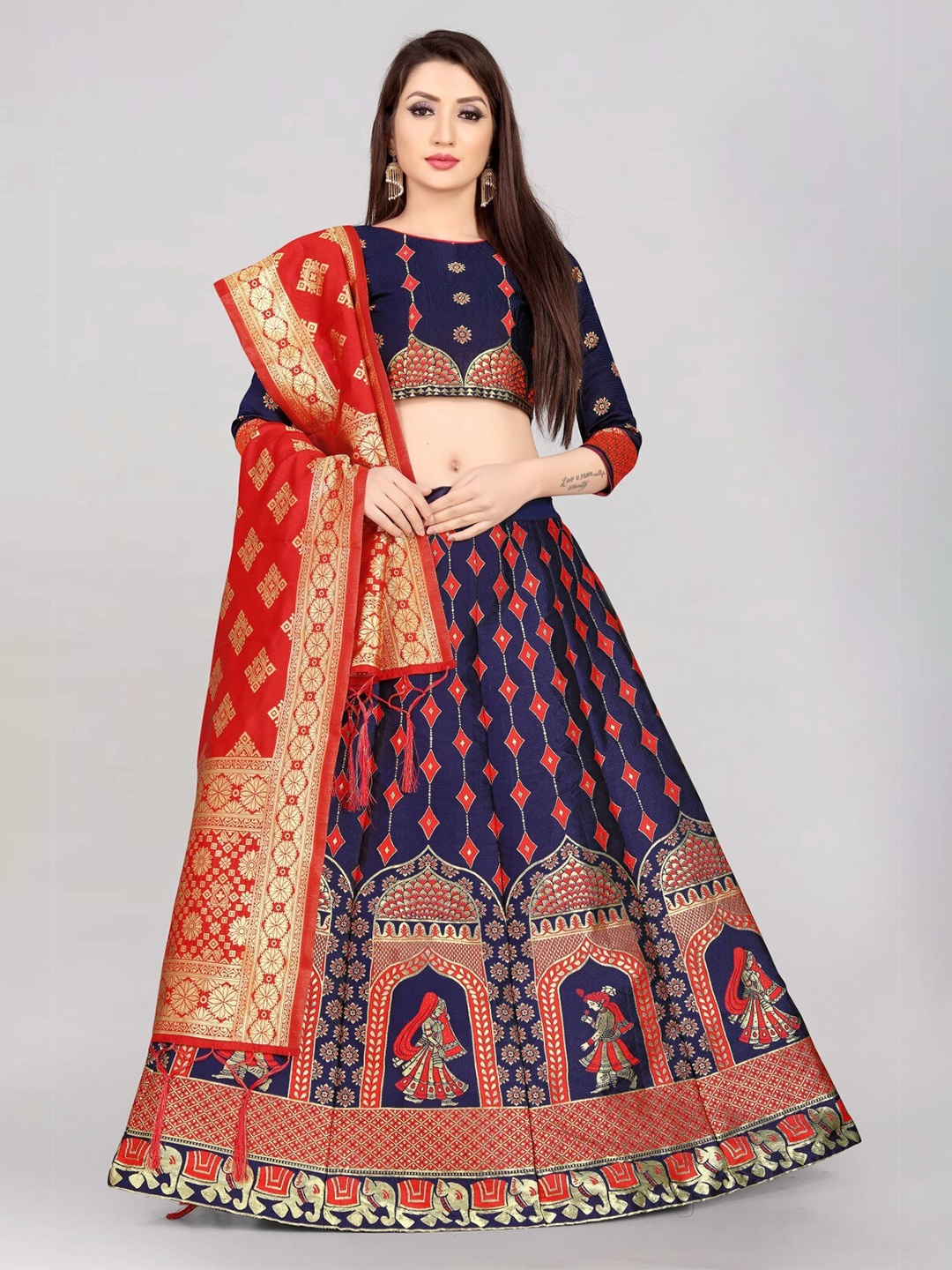 

LeeliPeeri Designer Women Printed Semi-Stitched Lehenga & Unstitched Blouse With Dupatta, Navy blue