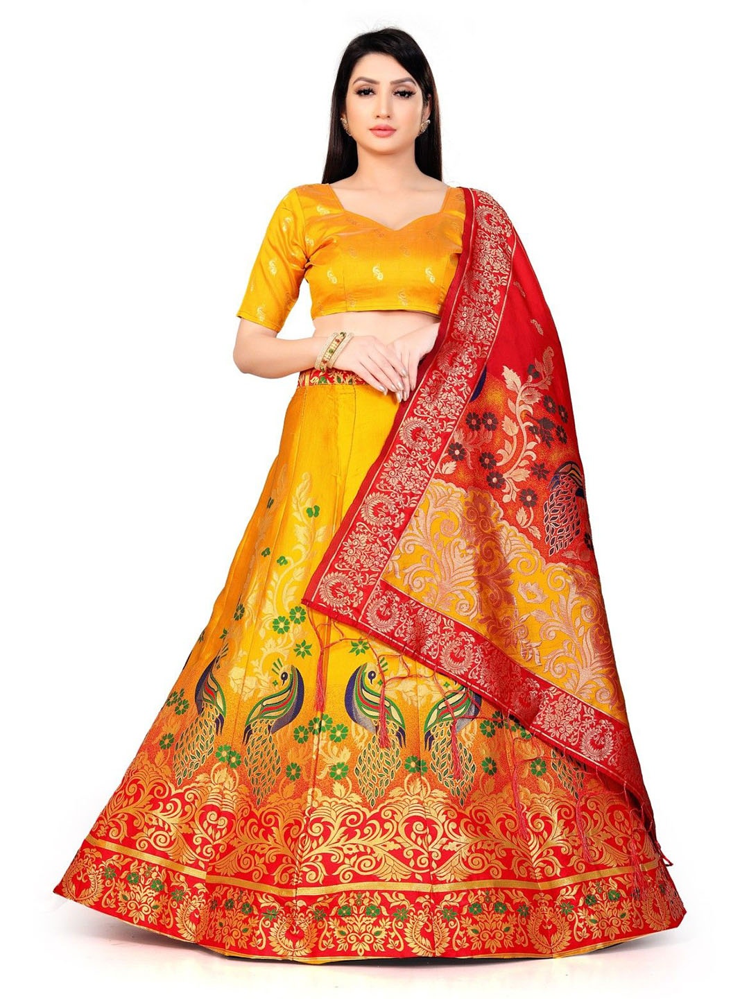 

LeeliPeeri Designer Foil Print Semi-Stitched Lehenga & Unstitched Blouse With Dupatta, Yellow