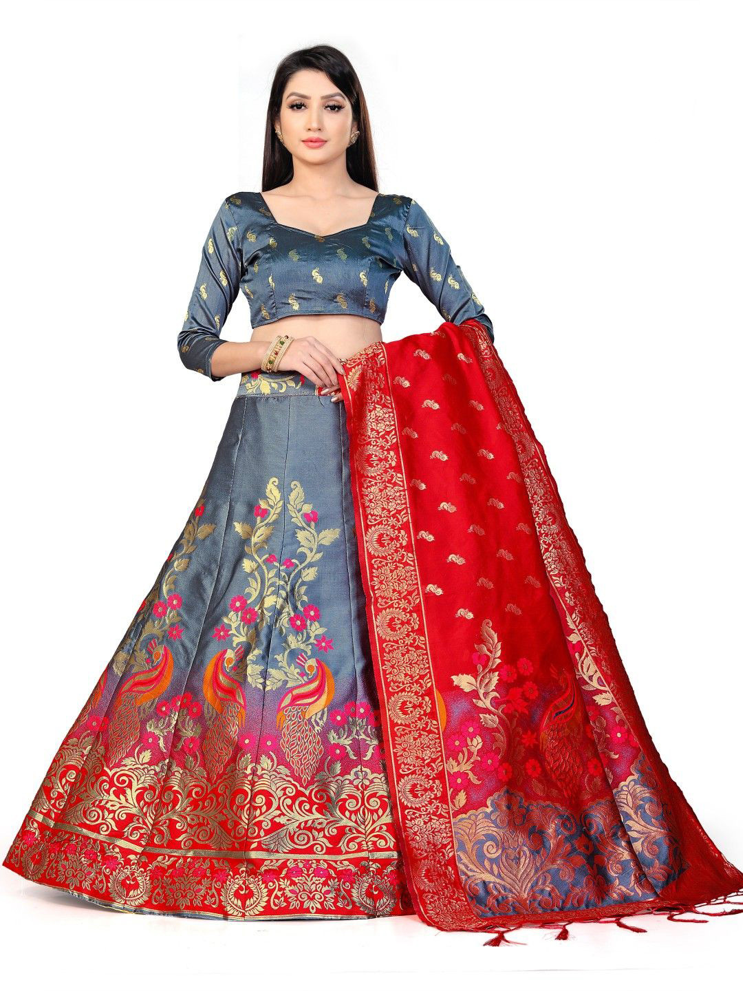 

LeeliPeeri Designer Women Printed Semi-Stitched Lehenga & Unstitched Blouse With Dupatta, Grey