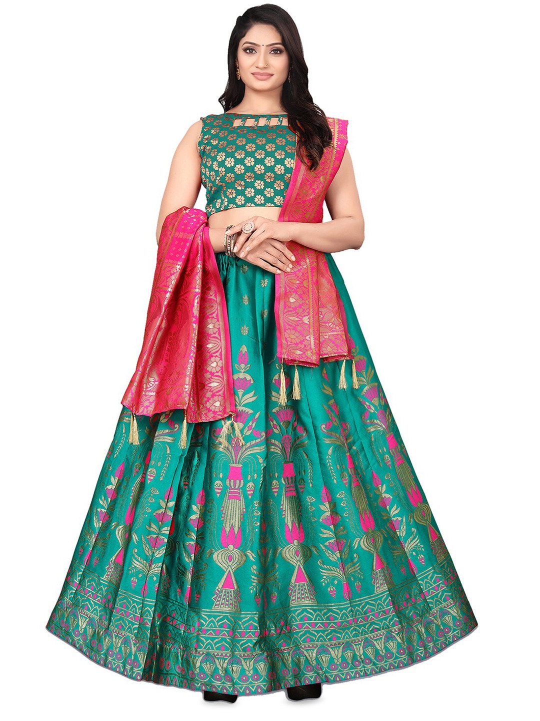 

LeeliPeeri Designer Foil Print Semi-Stitched Lehenga & Unstitched Blouse With Dupatta, Sea green