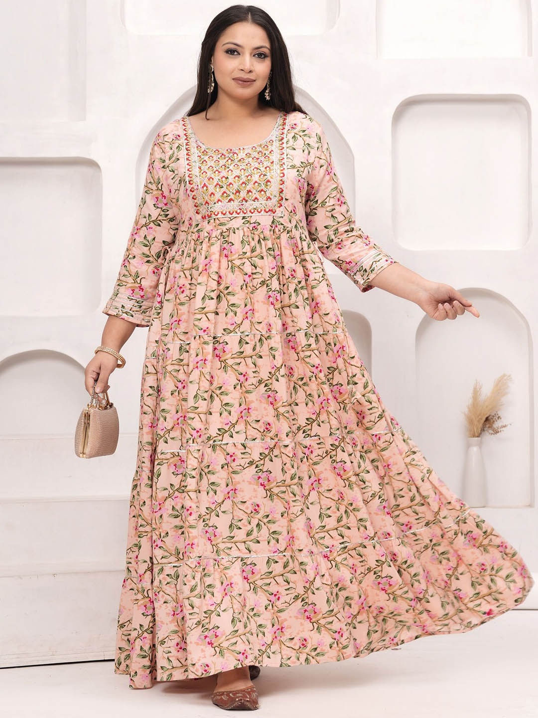 

LABULY Women Floral Printed Flared Sleeves Thread Work Anarkali Kurta, Peach