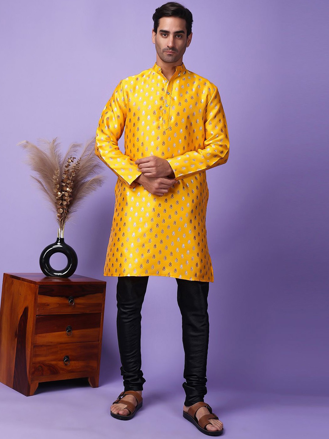 

Hangup Men Woven Design Dupion Silk Kurta With Churidar, Yellow