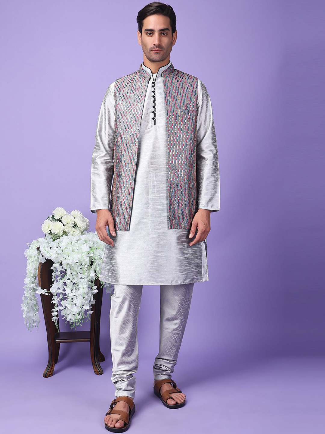 

Hangup Men Regular Dupion Silk Kurta with Pyjamas, Grey