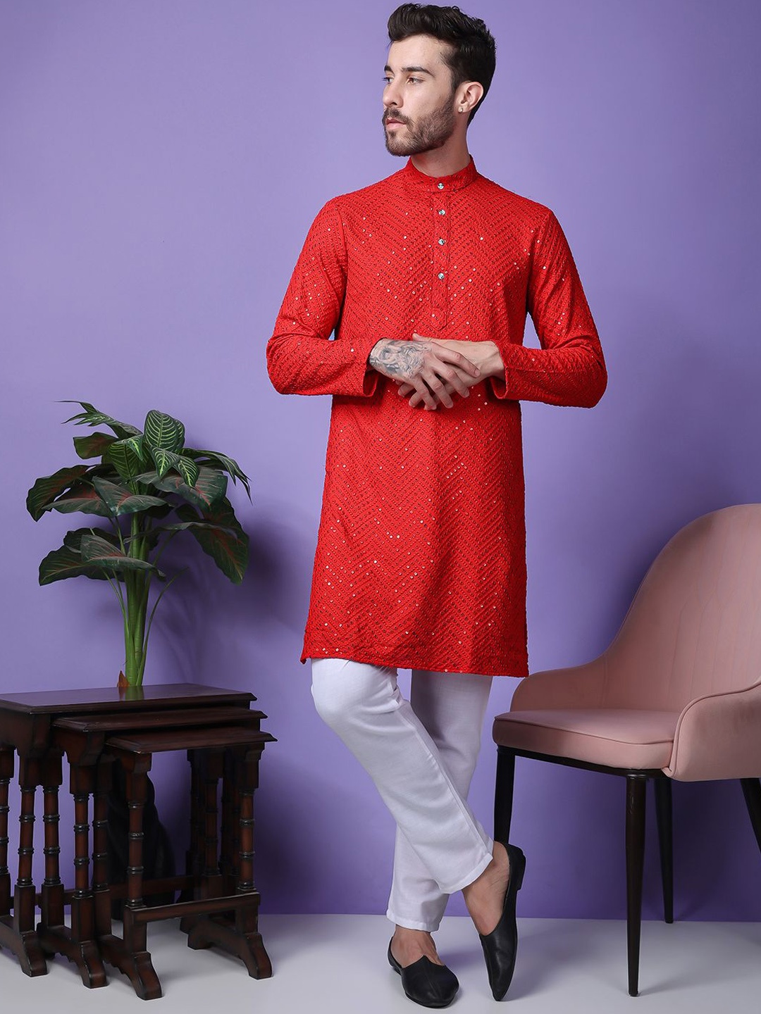 

Hangup Men Embroidered Regular Dupion Silk Kurta With Pyjamas, Red