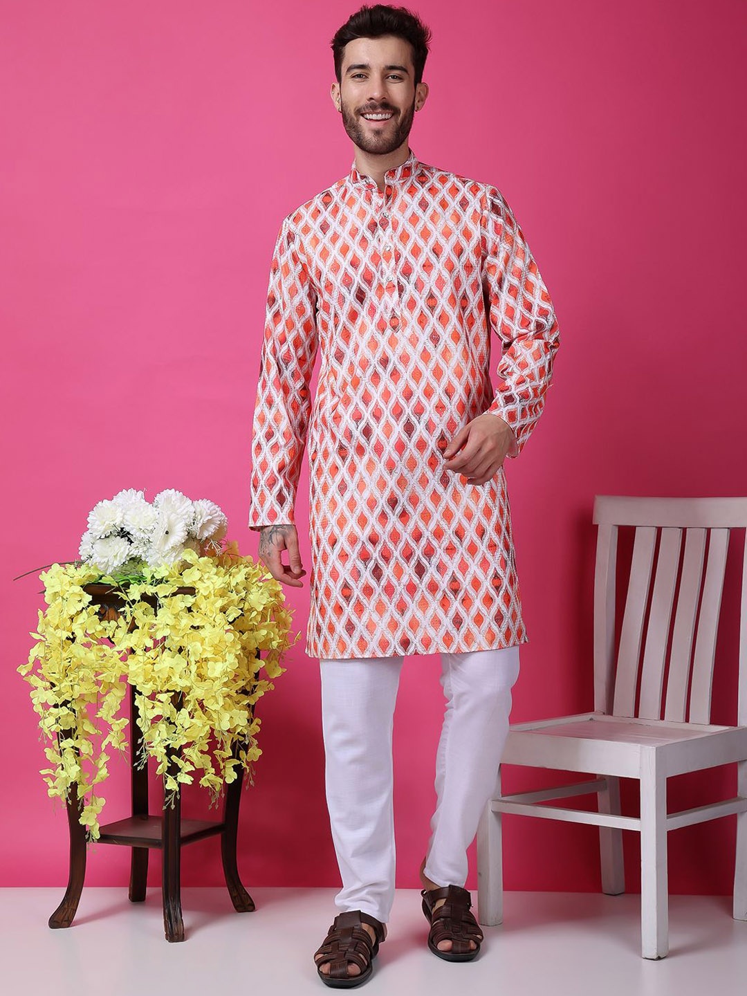 

Hangup Men Geometric PrintedKurta with Pyjamas, White