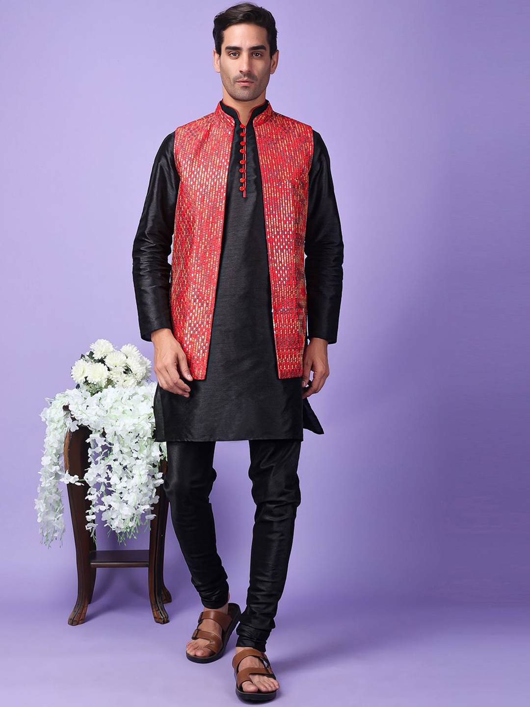 

Hangup Men Solid Kurta with Pyjamas & Nehru Jacket, Pink