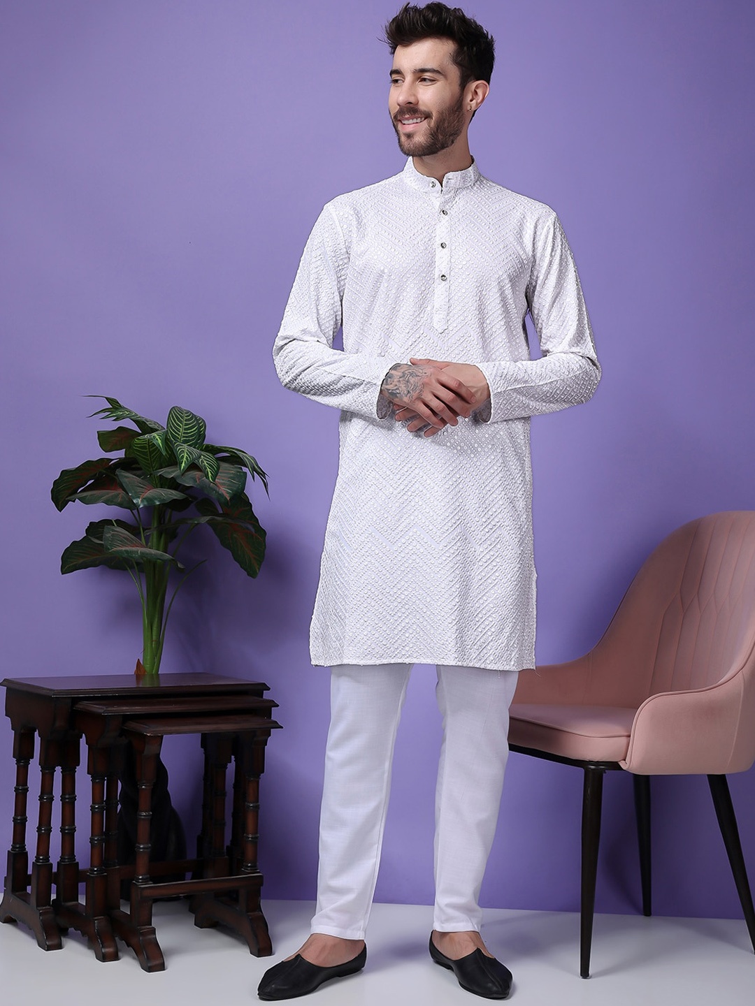 

Hangup Men Embroidered Regular Thread Work Dupion Silk Kurta Set with Pyjamas, White