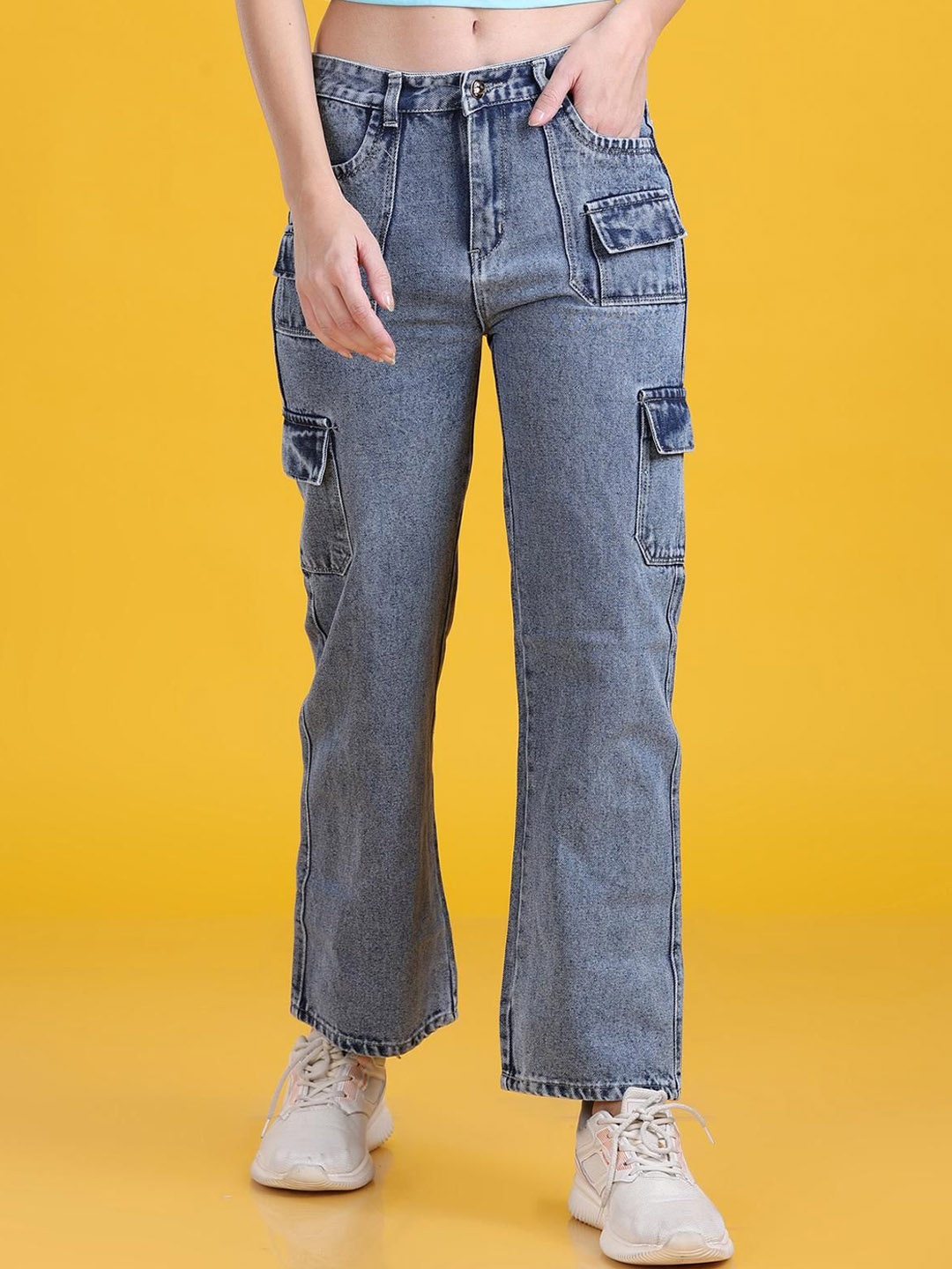 

The Dance Bible Women Straight Fit Heavy Fade Cargo Jeans, Blue