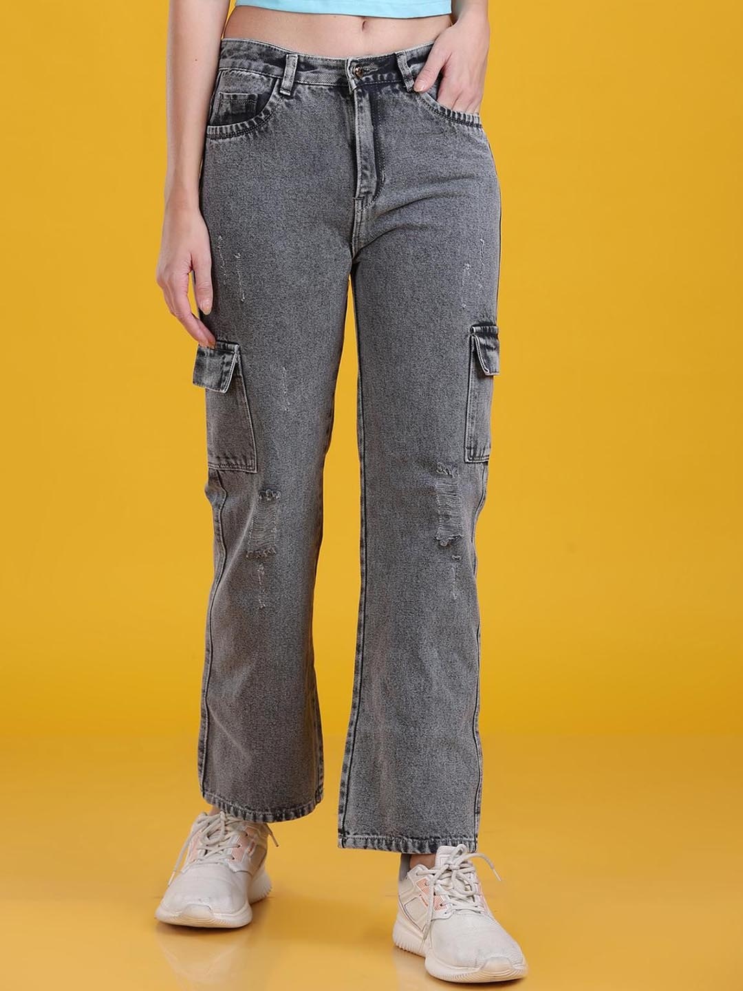 

The Dance Bible Women Straight Fit Mildly Distress Heavy Fade Cargo Jeans, Grey