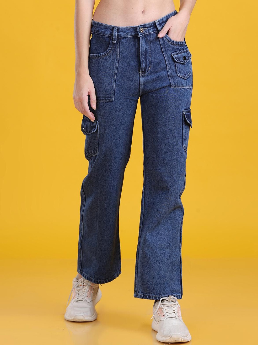 

The Dance Bible Women Straight Fit Cotton Cargo Jeans, Blue