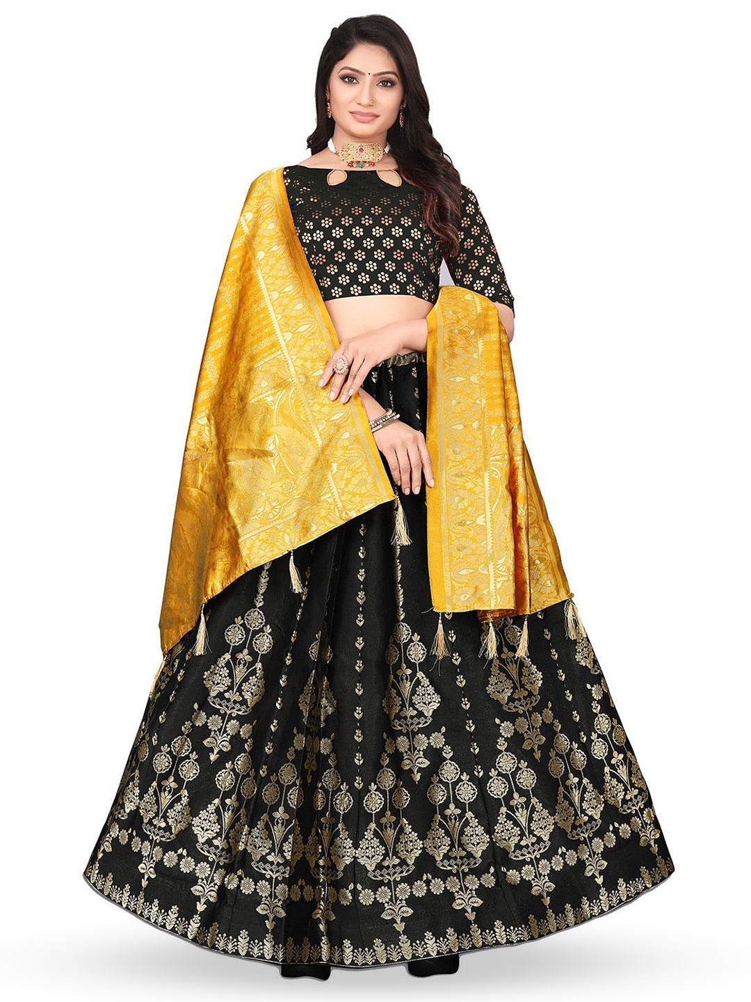 

LeeliPeeri Designer Foil Print Semi-Stitched Lehenga & Unstitched Blouse With Dupatta, Black