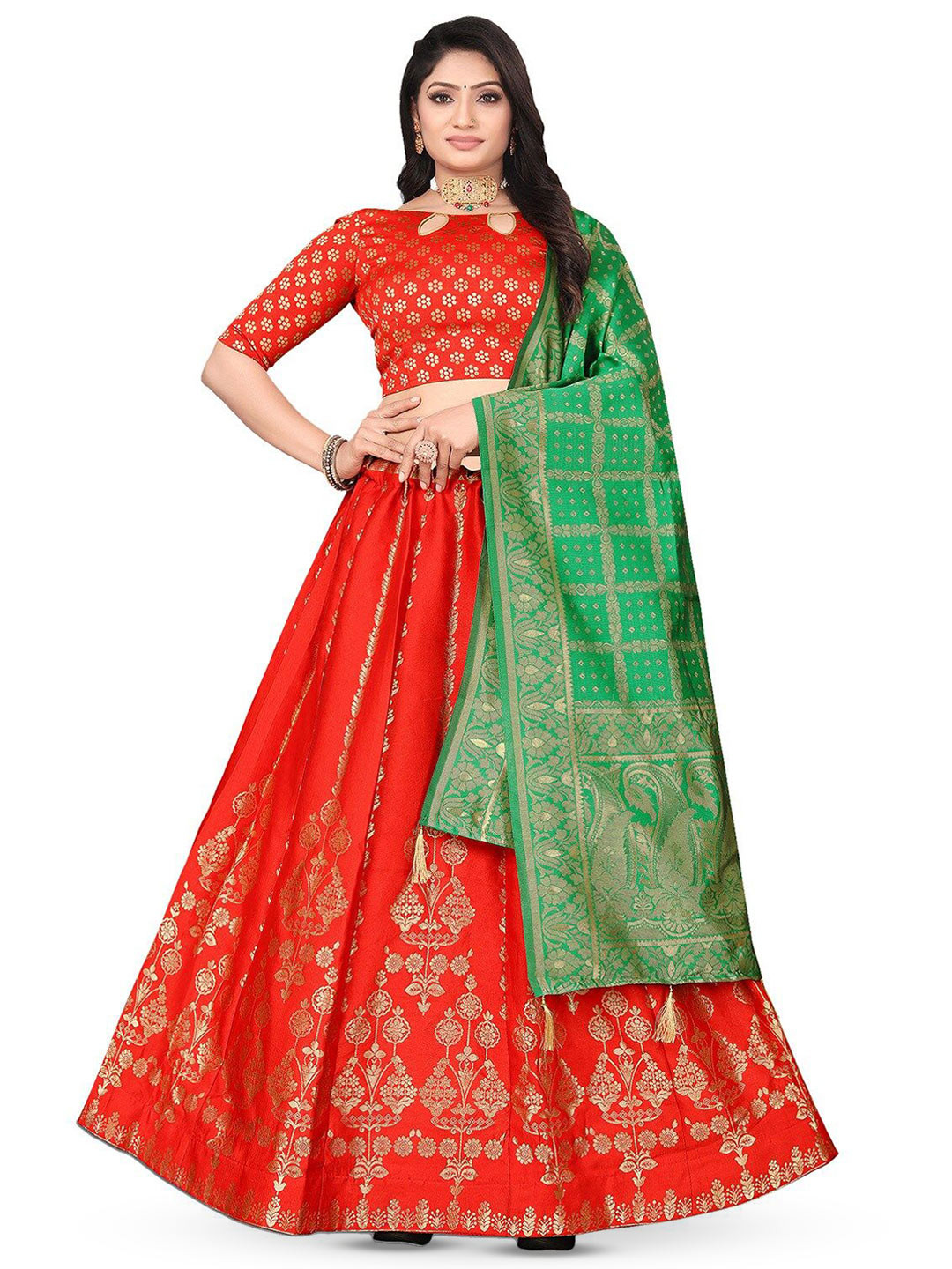 

LeeliPeeri Designer Foil Print Semi-Stitched Lehenga & Unstitched Blouse With Dupatta, Red