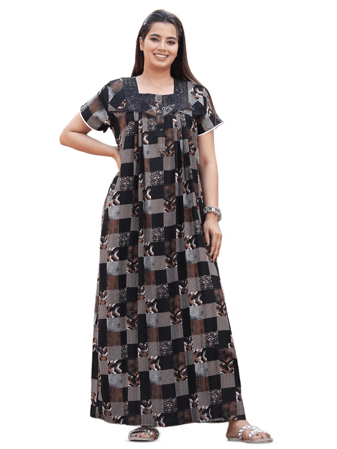 

G4Girl Women Geometric Printed Maxi Nightdress, Black