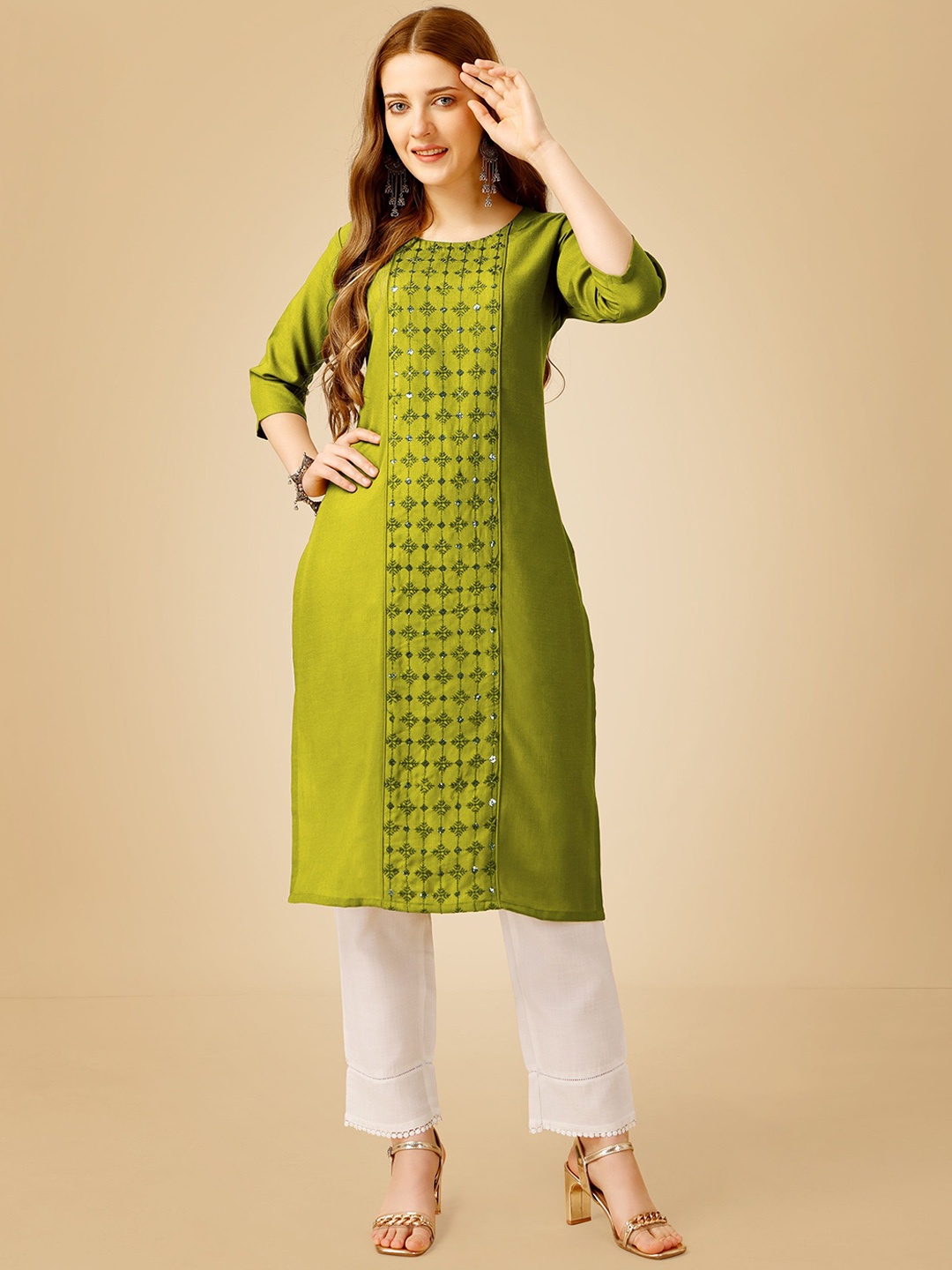 

devkison Designer Women Ethnic Motifs Embroidered Regular Sequinned Kurta with Churidar, Green