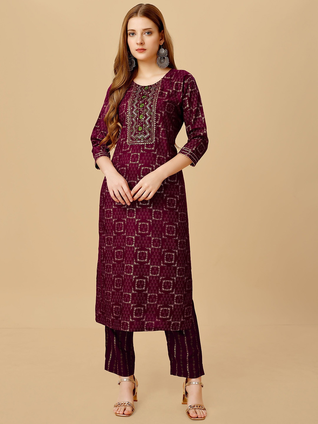 

devkison Designer Women Printed Thread Work Kurta With Trousers, Purple