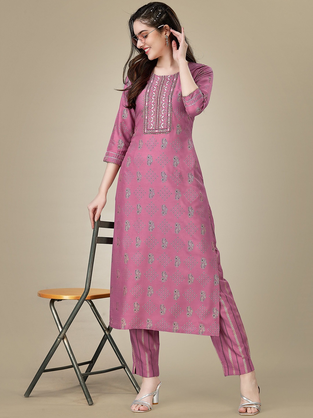 

devkison Designer Women Printed Regular Gotta Patti Kurta with Churidar, Purple