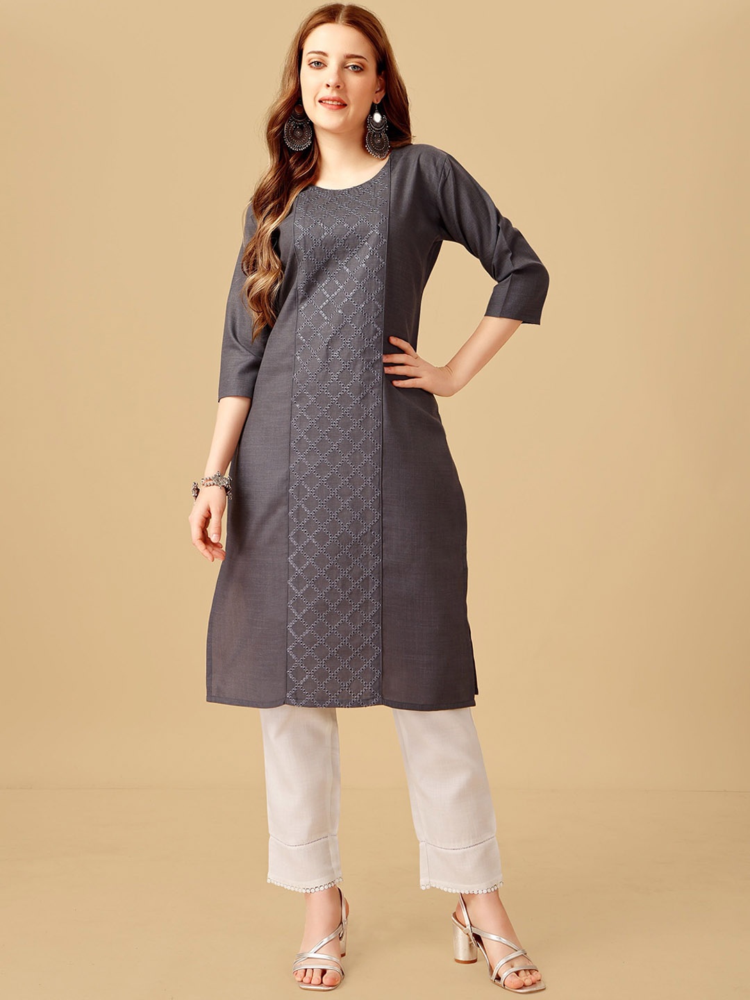 

devkison Designer Women Floral Embroidered Panelled Thread Work Kurta with Churidar, Grey