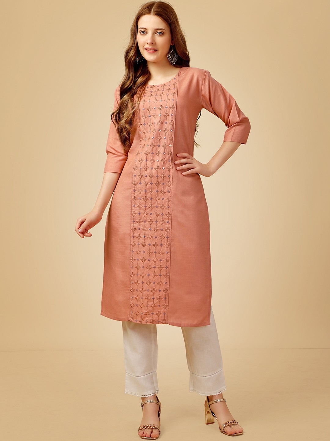 

devkison Designer Women Ethnic Motifs Embroidered Regular Sequinned Kurta with Churidar, Coral