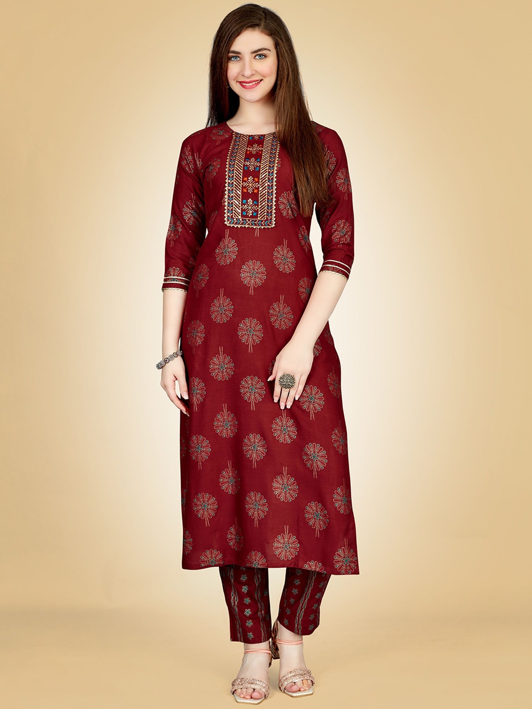 

devkison Designer Women Floral Printed Regular Sequinned Kurta with Trousers, Maroon